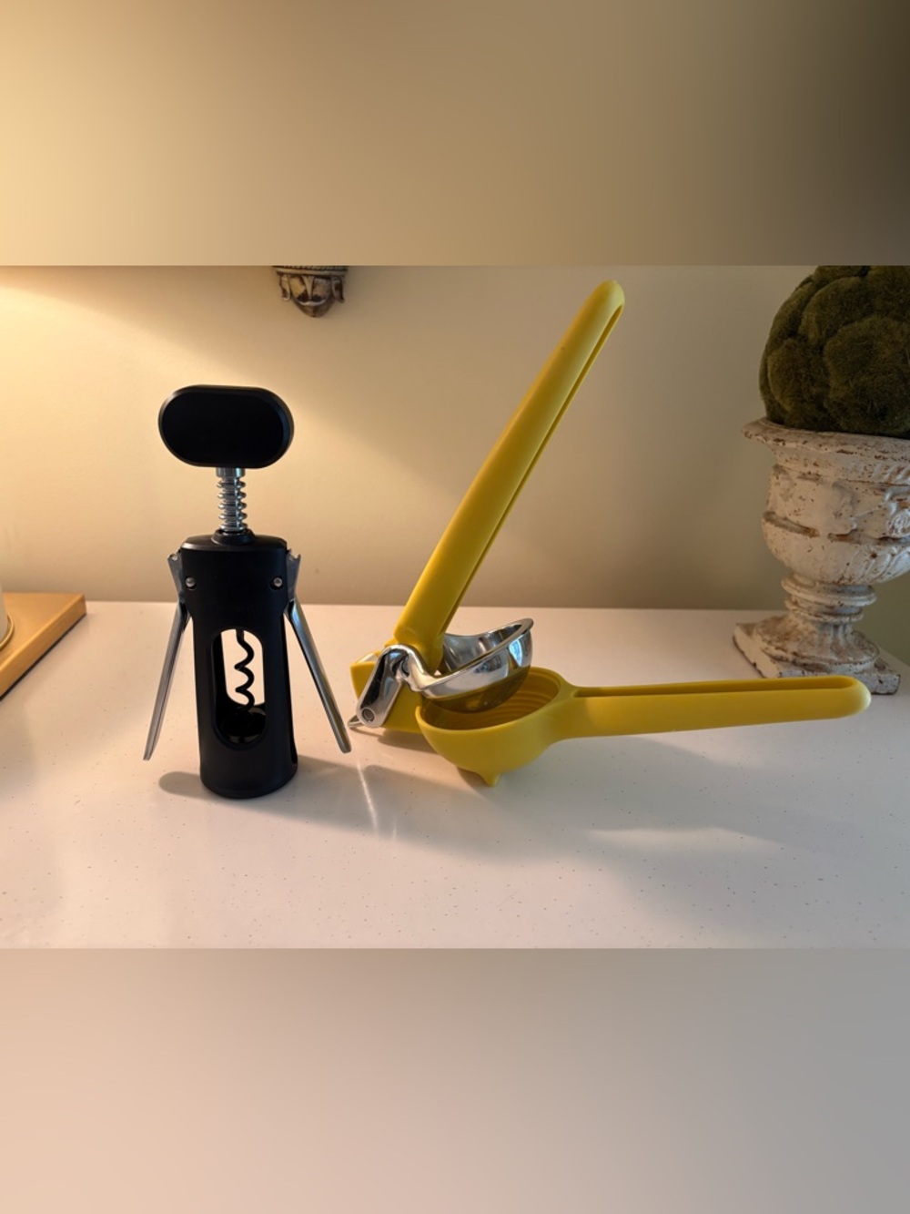 Yellow Citrus Juicer and Black Winged Wine Opener Corkscrew Set - Bar Tools